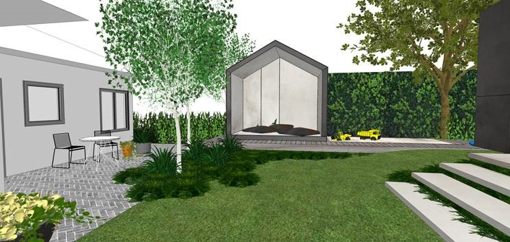A landscape design featuring a cubby house and sand pit