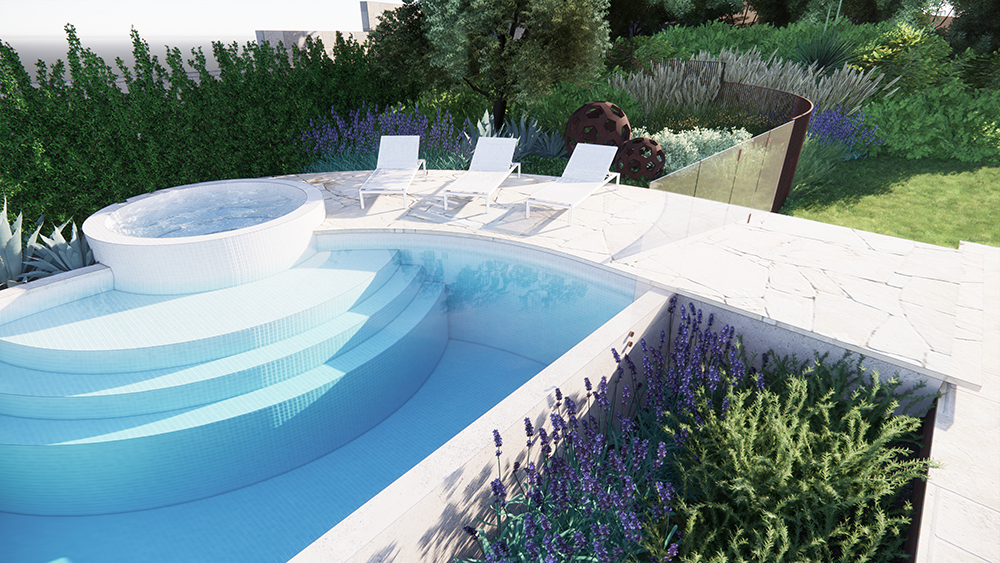A curved tiled concrete pool design with a planted moat, circular spa and crazy paving.