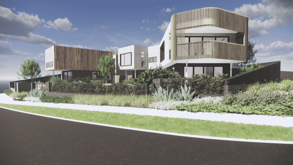 a landscape design render of a hardy landscape around two contemporary residences