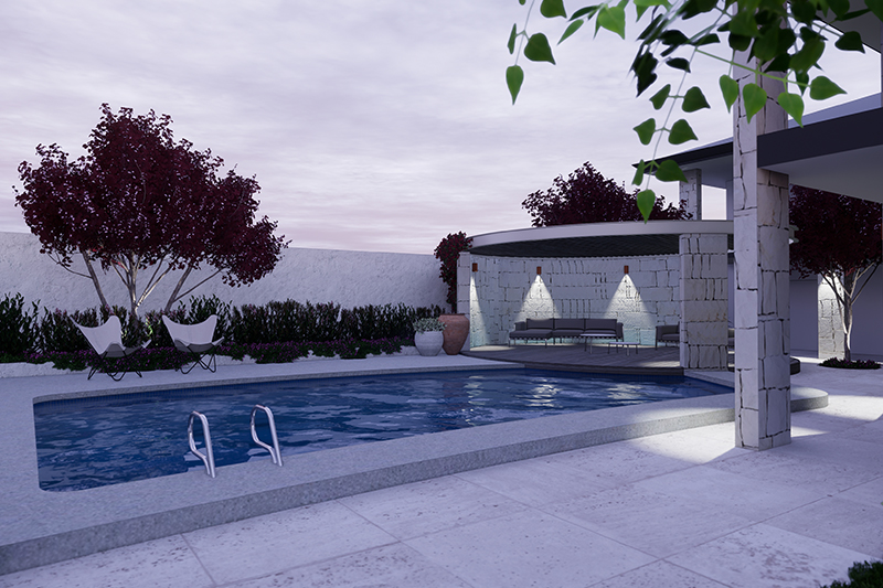 a landscape design including a concrete pool and pergola