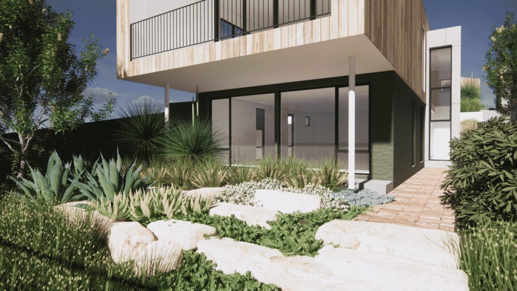 A landscape design render of a hardy succulent and native landscape with rustic mixed textures in front of a contemporary home.
