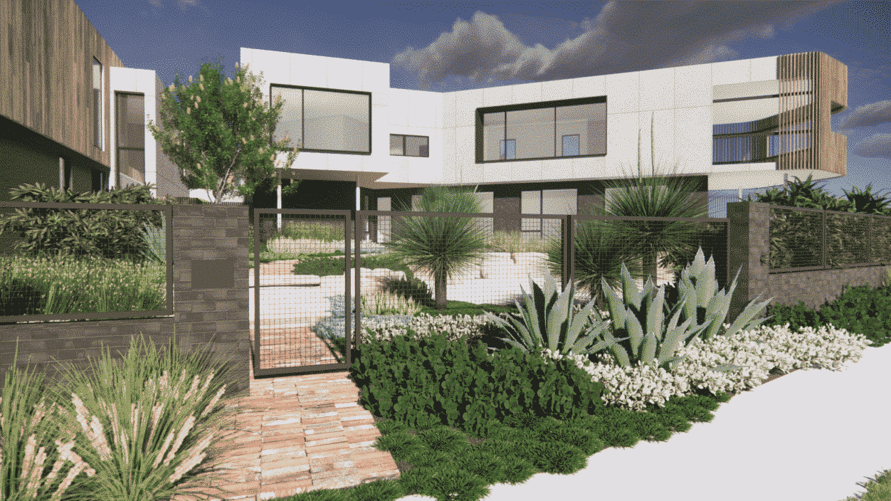 a landscape design render of a hardy landscape around two contemporary residences