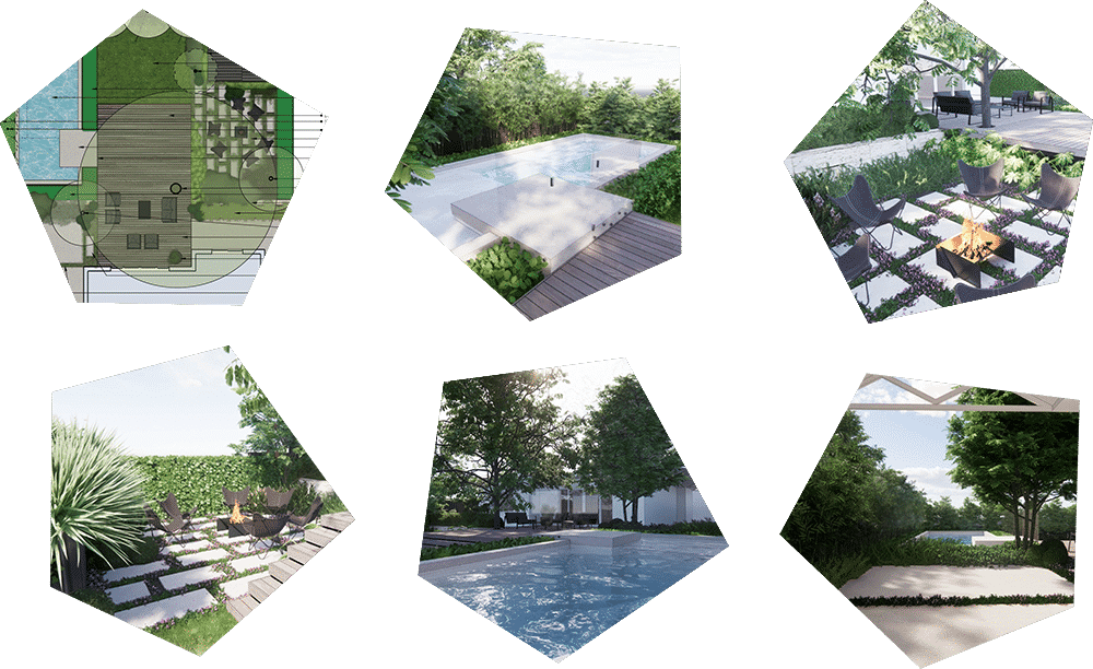 2D and 3D mockups of a residential landscape design.