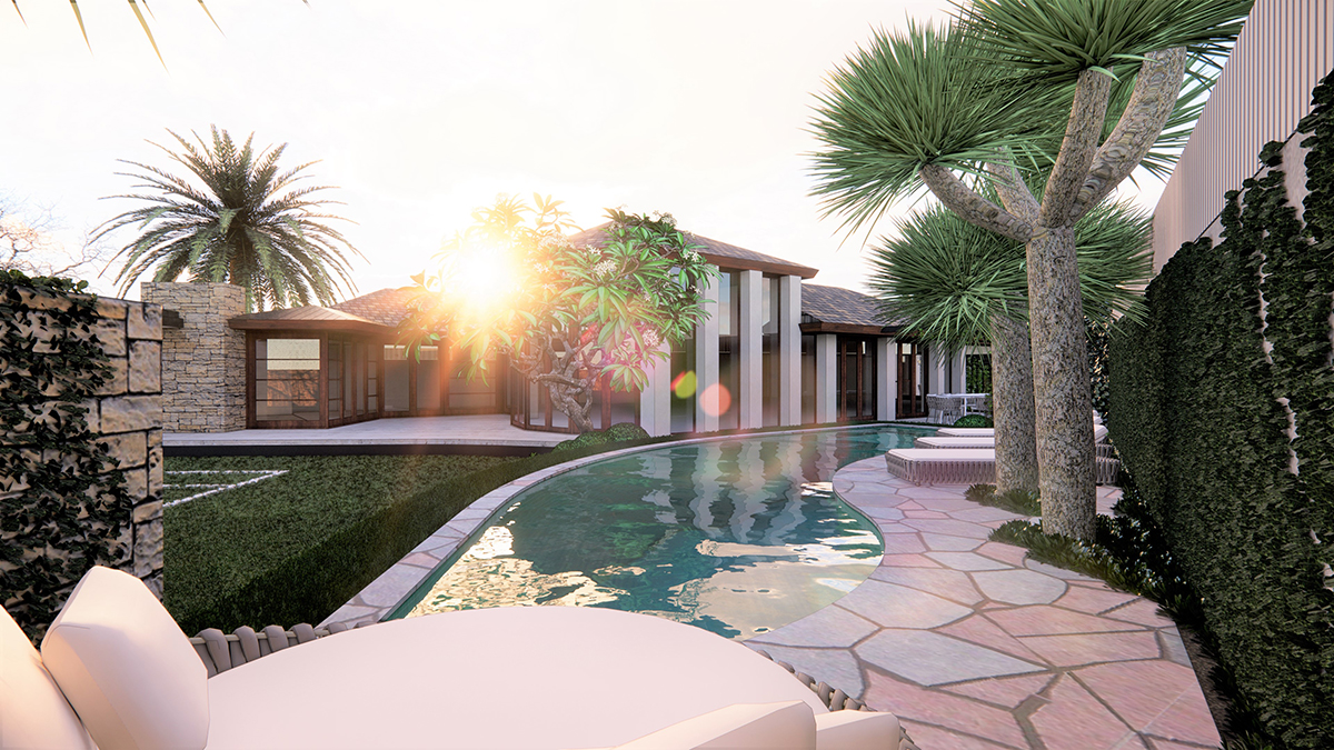 A landscape design render of a blade shaped pool with crazy paving.