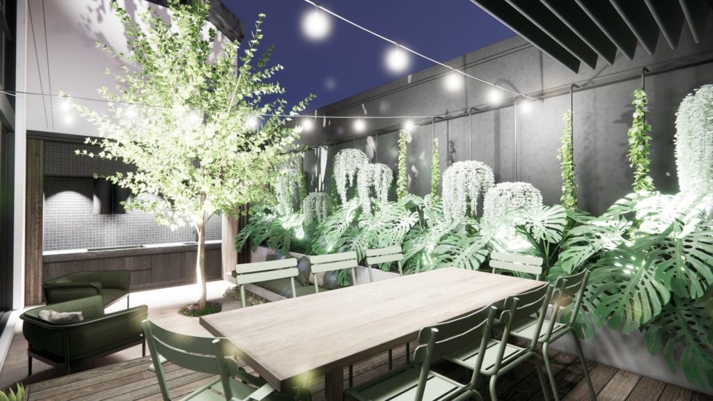 the courtyard landscape design showing lighting design and a retractable roof option
