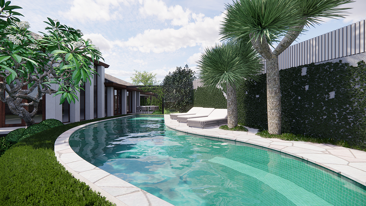 A landscape design render of a blade shaped moated pool with crazy paving