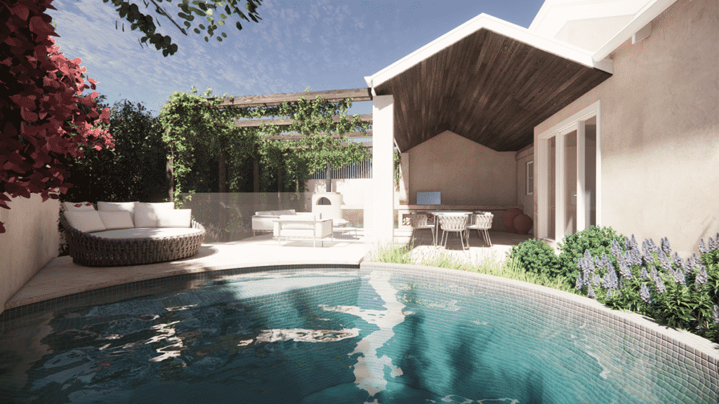 A landscape design of a mediterranean garden with a circular tiled concrete pool and large outdoor seating area
