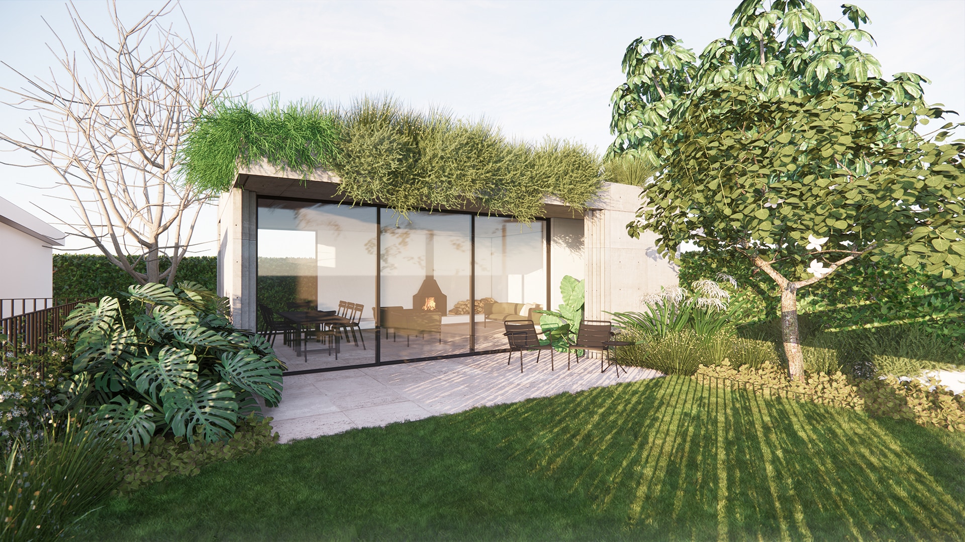 landscape design render of an outdoor room structure with green roof