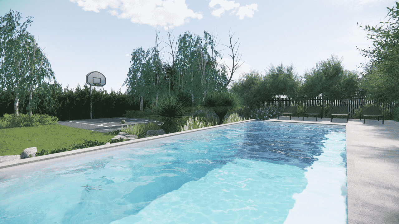 A landscape design render of a large, rectangular concrete pool overlooking a basketball court and Australian native plants.