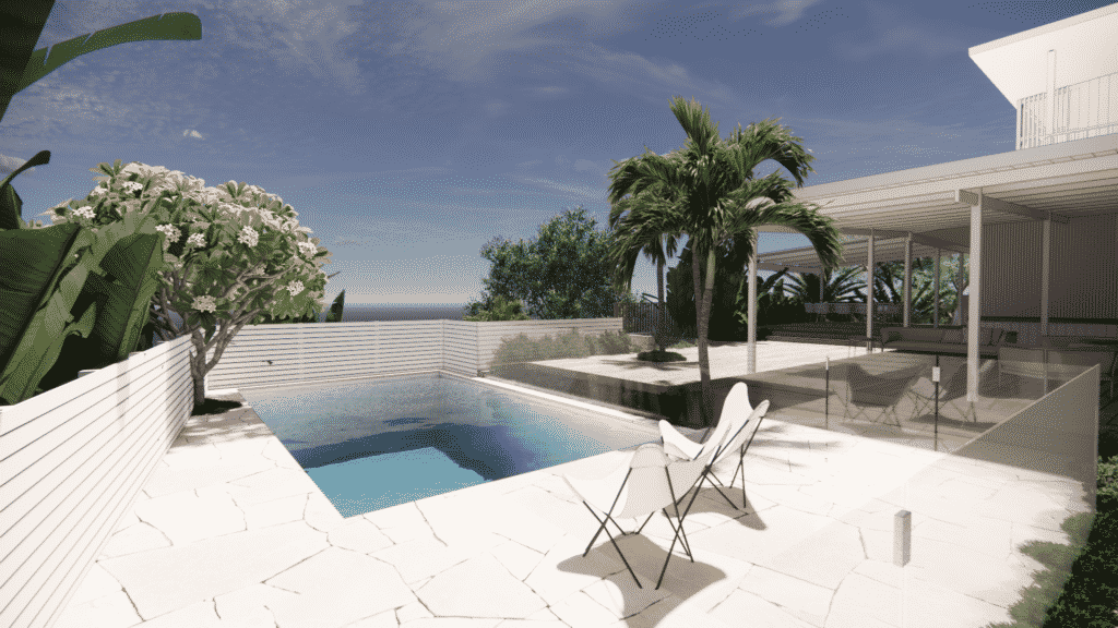A landscape design render of a concrete pool area with crazy paving and palm trees in a relaxed, coastal style, facing away from the home and overlooking the surrounds.