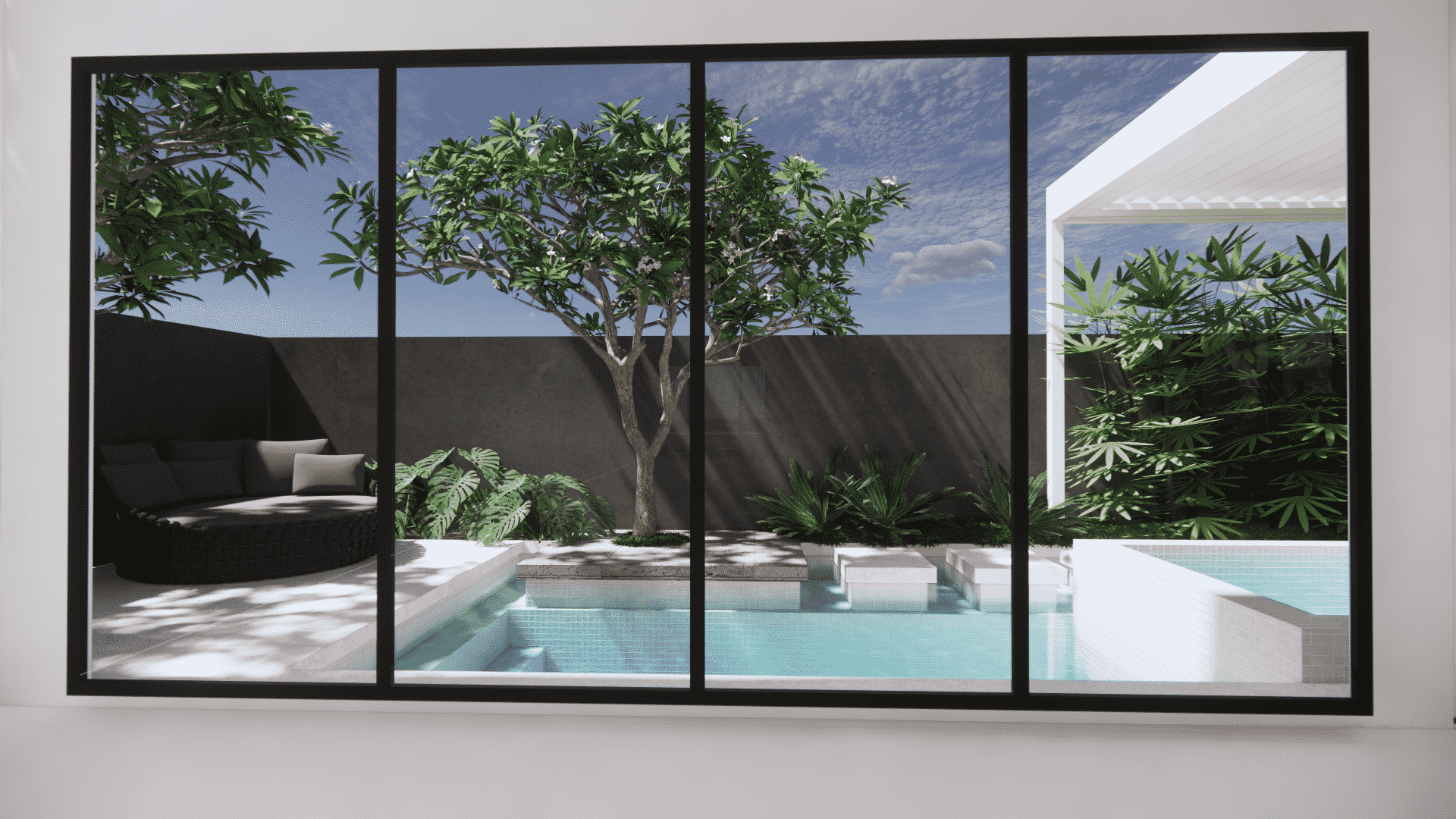 A landscape design render showing a contemporary concrete pool with stepping elements, seen through a large window.