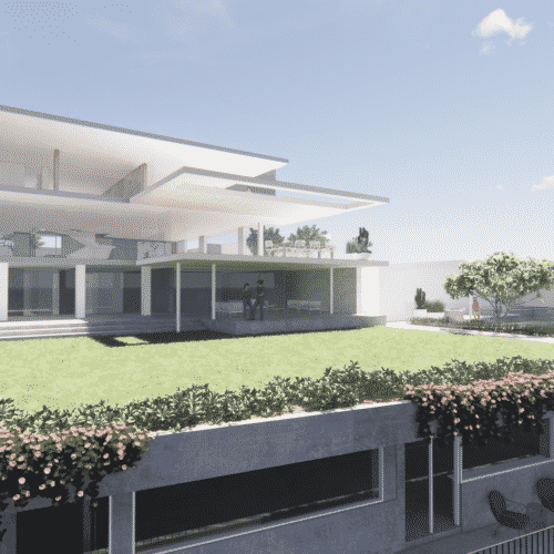 A landscape design render showing a large contemporary home with expansive tiered gardens
