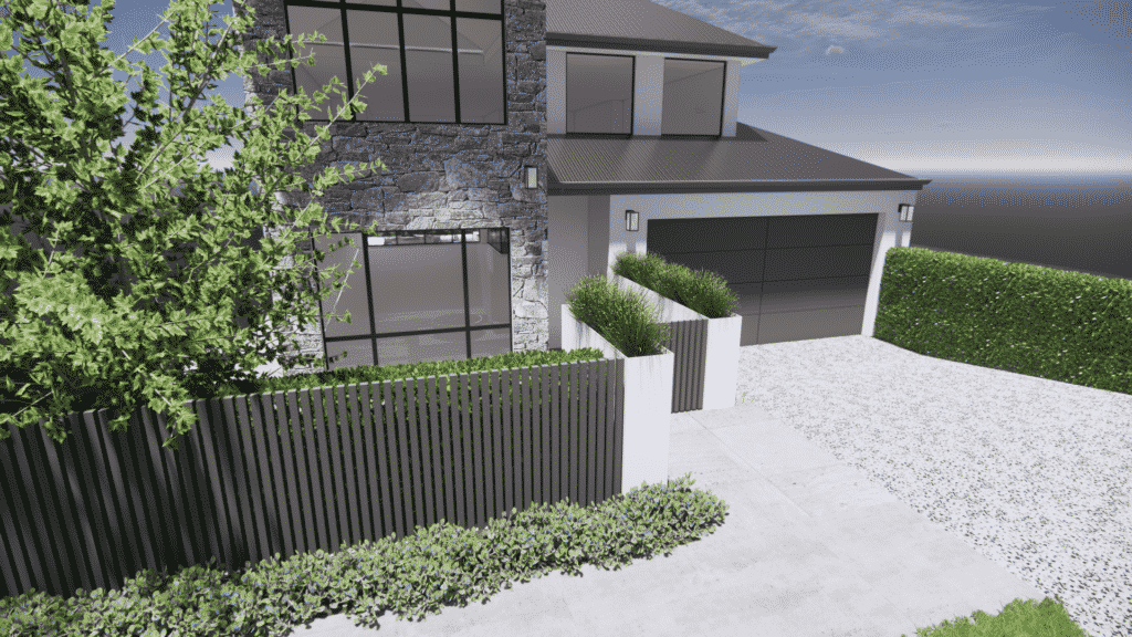 A landscape design render showing the street view of a contemporary but muted and restrained landscape.
