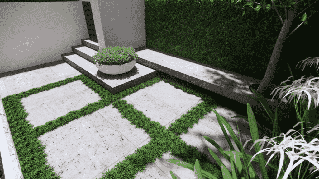 A landscape design render showing a courtyard with large pavers with ground cover in between.