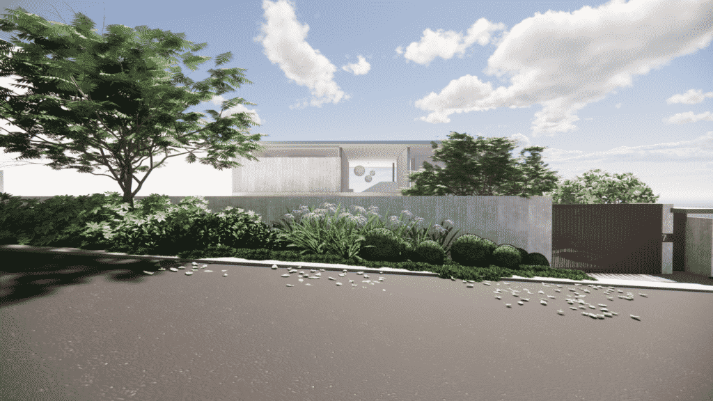 A landscape design render of the street-view of a modern, tiered building with lush, classical planting.