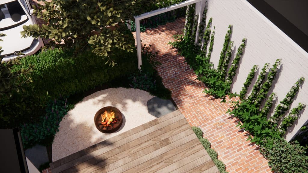 A blend of finishes and dense, carefully chosen plantings make this private conversation circle an ideal spot.