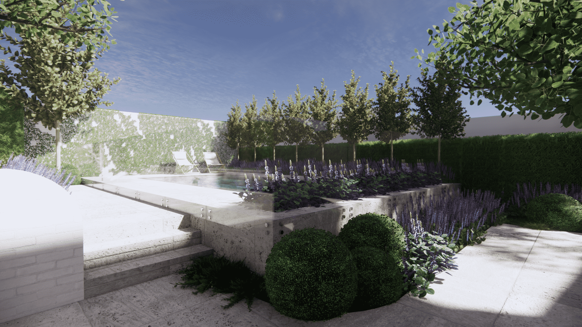 A landscape design render with a concrete pool