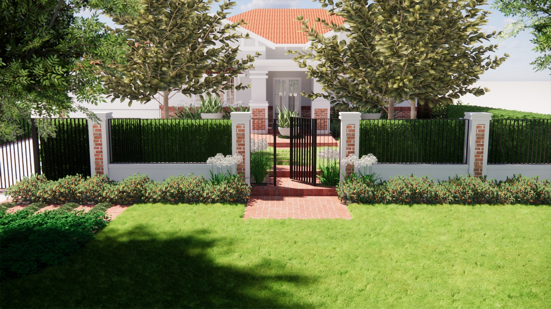 a 3d render showing a landscaped front entrance