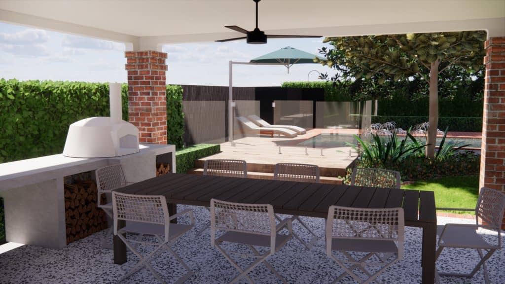 a 3d render of an outdoor kitchen and dining area