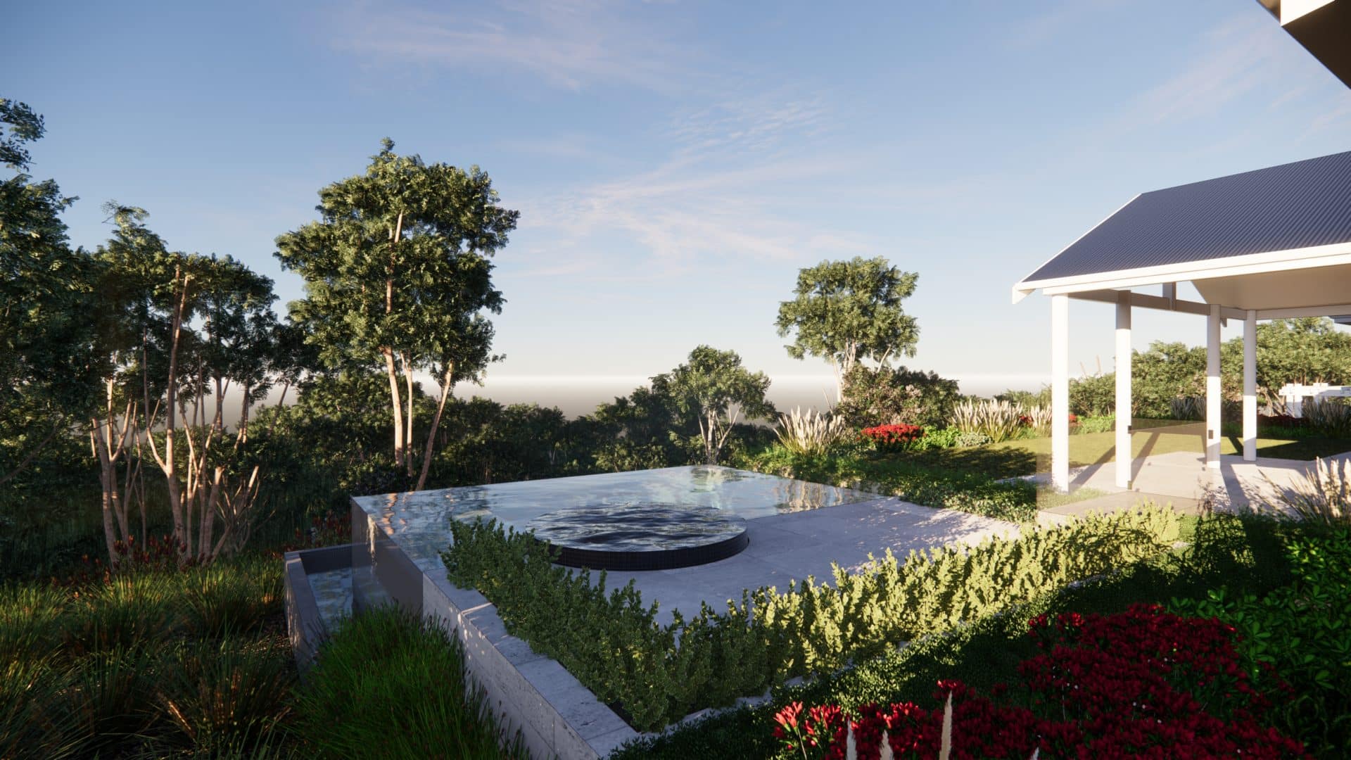 a landscape design render showing an infinity pool and spa.