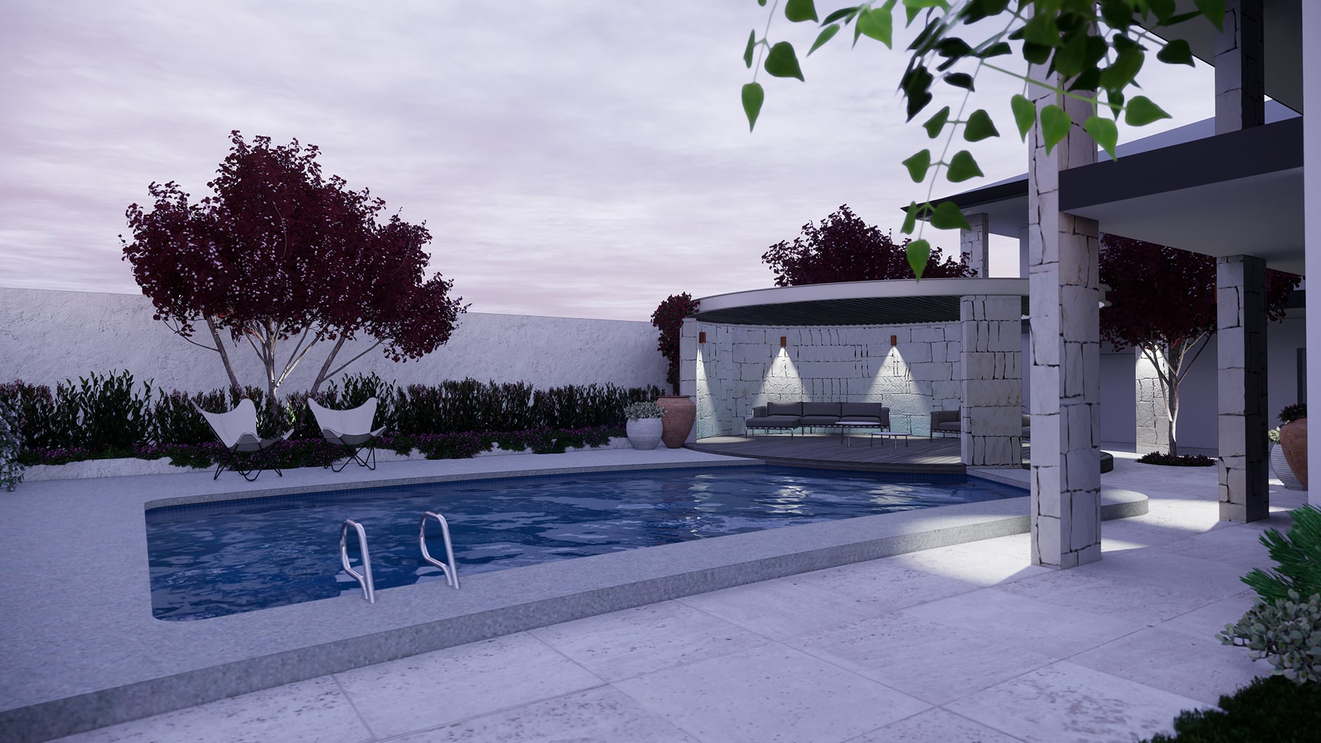 A concrete pool design showing lighting design.